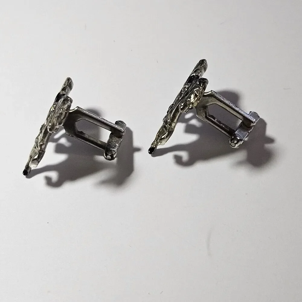 Silver Tone With Black Saddled Horse Vintage Cufflinks